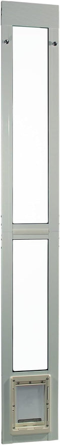 White aluminum pet patio door insert in a sliding glass door