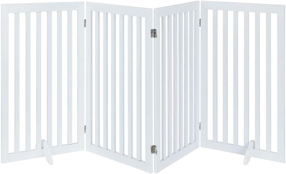 White freestanding foldable wooden dog gate 36 inches tall