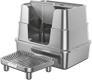 Stainless Steel Enclosed Cat Litter Box with Lid and Pedestal Mat