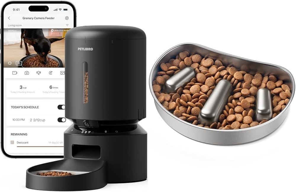 Automatic cat feeder with camera and stainless steel slow feeder bowl