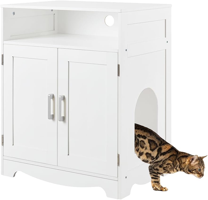 Wooden litter box cabinet with louvered doors and shelf – view 2