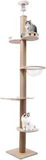 PERFERATE Floor to Ceiling Rattan Cat Tree, Adjustable 100.4 to 104.3 Inches, Sisal Post, Basket and Bed