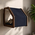 Modern Wooden Wall-Mounted Cat Bed, Navy Blue Fabric Cat Perch and Hammock