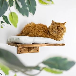 Rustic Wooden Cat Wall Shelf with Soft White Cushion, Natural Wood Finish