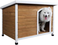 Yellow and white wooden outdoor dog house