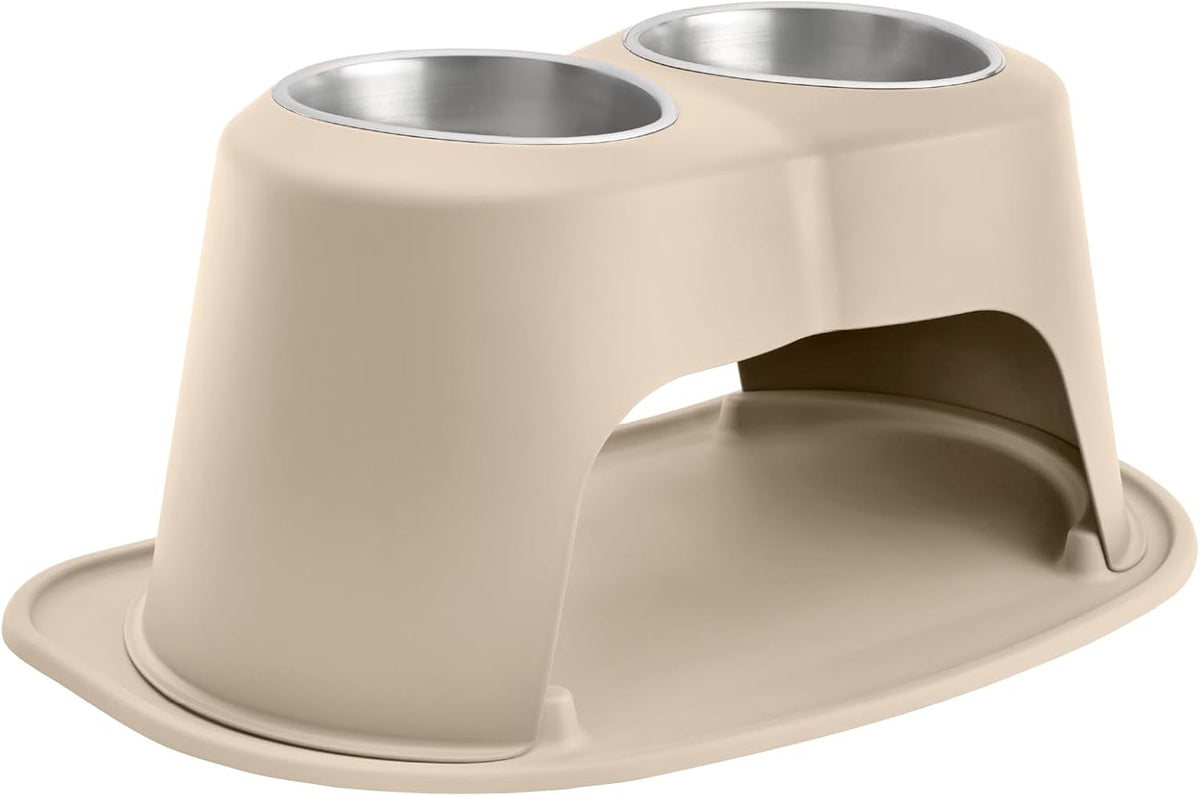 Tan elevated double bowl pet feeder, 10 inches high