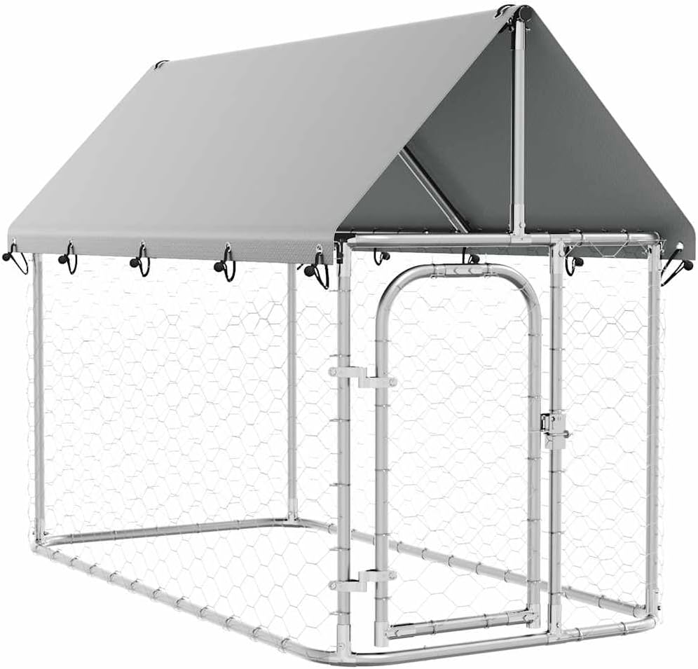 Outdoor dog kennel run with roof cover in a backyard