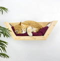 Wooden Wall-Mounted Cat Bed, Natural Pine Hammock with Soft Burgundy Cushion