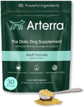 Container of multivitamin powder food topper for senior dogs with a measuring scoop – view 3