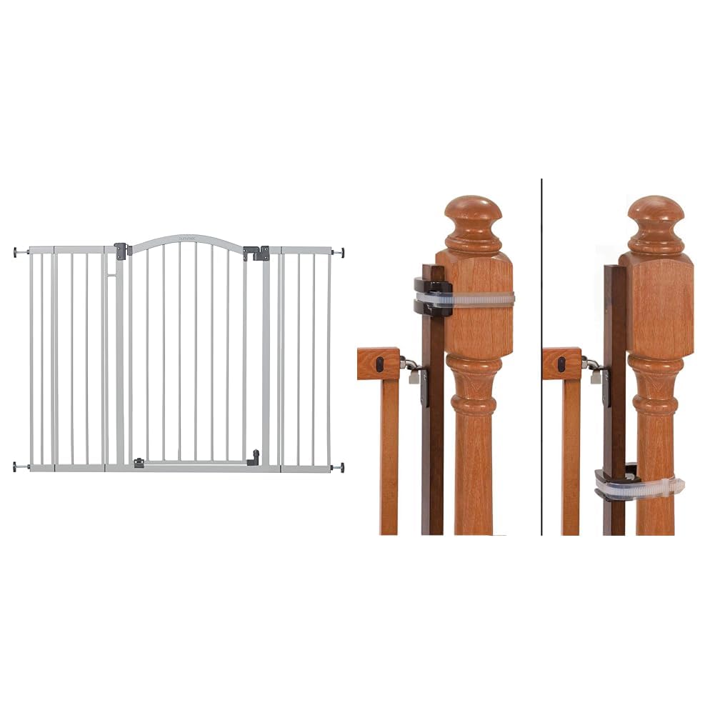 Gray extra tall metal pet gate with arched top mounted on a banister