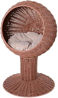 Rattan Wicker Elevated Cat House with Cushion, Brown
