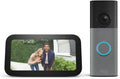 Charcoal 5-inch smart display showing a doorbell feed beside a battery video doorbell