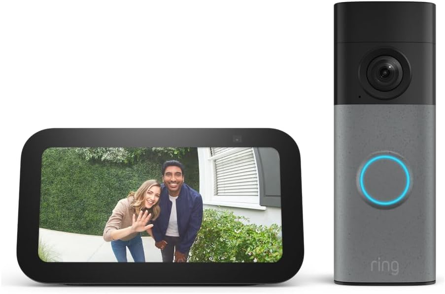 Charcoal 5-inch smart display showing a doorbell feed beside a battery video doorbell