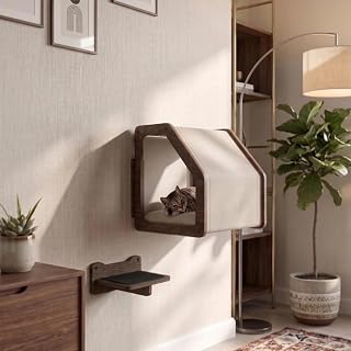 Modern Wall-Mounted Cat Bed with Scratching Pad, Wooden Perch Hammock, Beige and Walnut