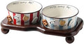Ceramic Cat Bowl Set with Wooden Stand, Elevated Anti-Slip Pet Feeder, Red and Blue