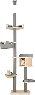 PETSITE Floor-to-Ceiling Cat Tree, 100-110 Inch Height Adjustable, with Scratching Posts, Condo and Hammock
