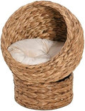 Wicker Cat Bed House with Cushion, 51 x 51 x 43 cm, Light Brown