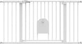 White extra wide metal pet gate with walk-through door and cat door