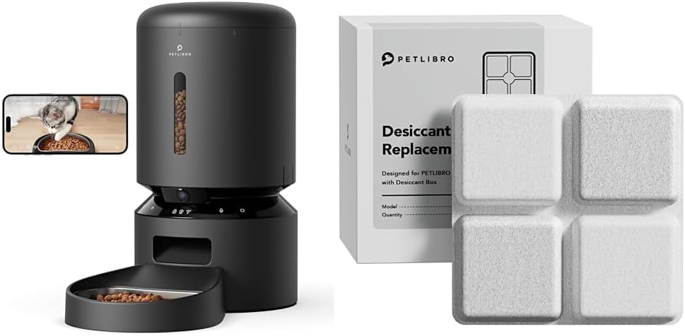 Black automatic pet feeder with camera and six food desiccant bags