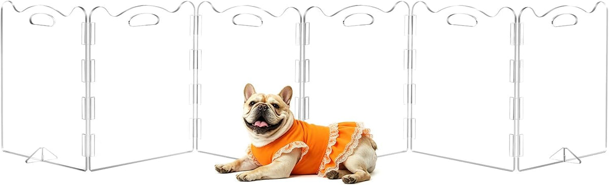Clear acrylic six-panel freestanding pet gate with support feet in a living room – view 2