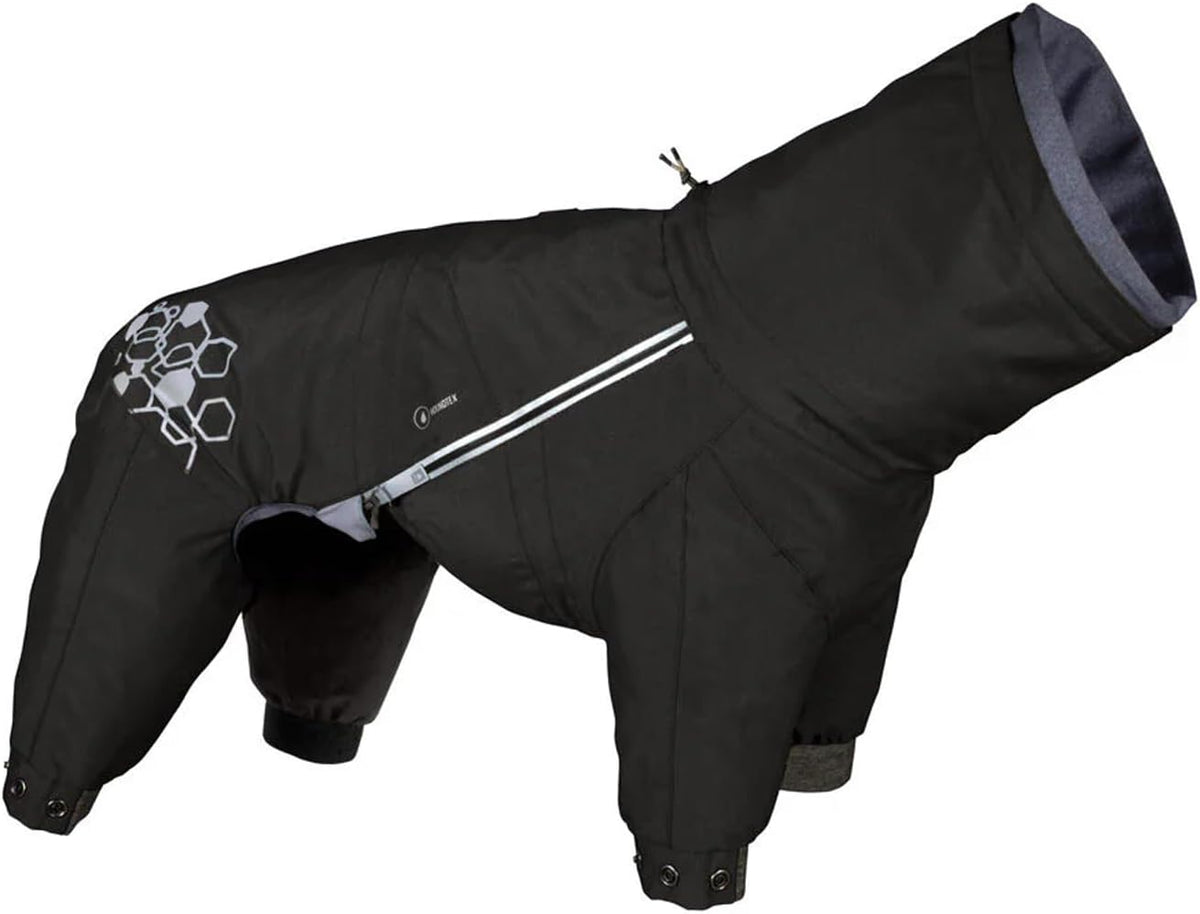 Dark raven full-body dog rain overall with leg coverage