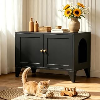 Black Cat Litter Box Enclosure Cabinet, Multi-Purpose Storage Sideboard
