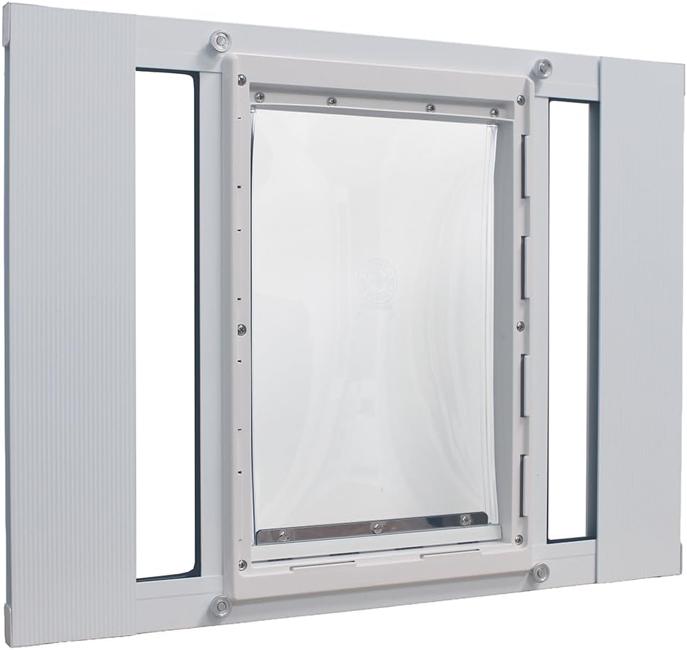 Aluminum sash window pet door panel with large flap installed in a window