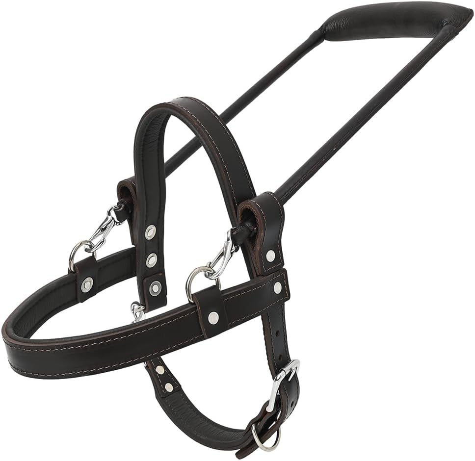 Brown padded leather guide dog harness with snap-on handle