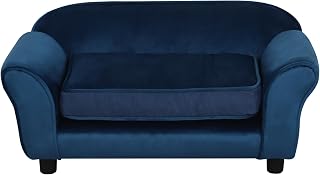 Small Dog Sofa Bed with Washable Cushion and Plastic Legs, Velvet Pet Couch, Blue