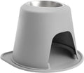 Light grey raised feeding stand with a single stainless steel bowl and mat