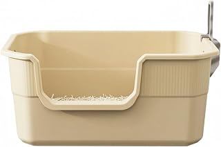 PP Cat Litter Tray with Ladle, Raised Sides and Handle, Anti-Splashing, Beige