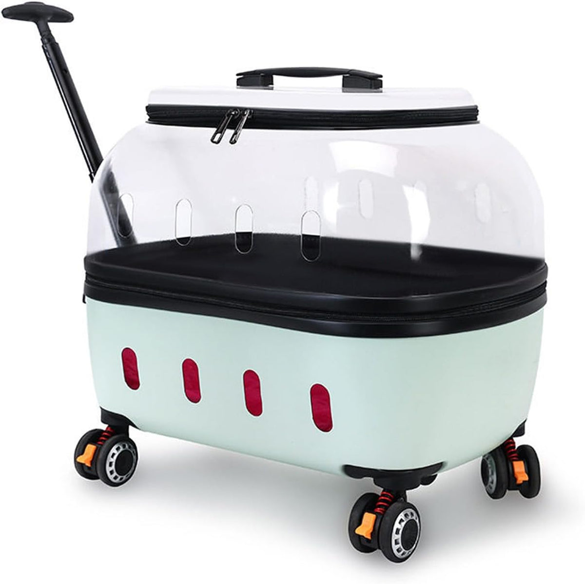 Transparent hard shell rolling pet carrier with wheels and telescoping handle – view 3