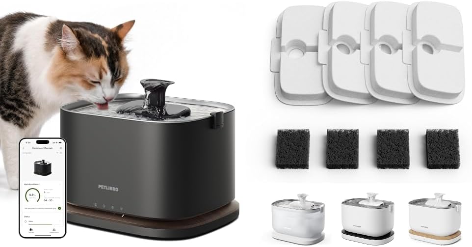 Black cordless cat water fountain with stainless steel tray and filters