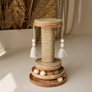 Natural Jute Cat Scratching Post with Ball Toy, Rustic Wooden Tower