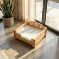 Modern Wooden Cat Bed with Removable Fleece Cushion, Paw Print Cutouts