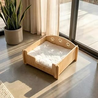 Modern Wooden Cat Bed with Removable Fleece Cushion, Paw Print Cutouts