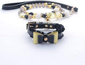 Adjustable PU Leather Pet Collar, Black, with Artificial Pearls and Studs