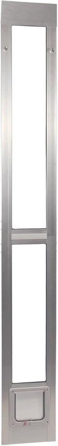 Silver aluminum patio pet door panel with small clear cat flap