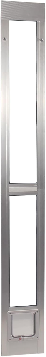 Silver aluminum patio pet door panel with small clear cat flap