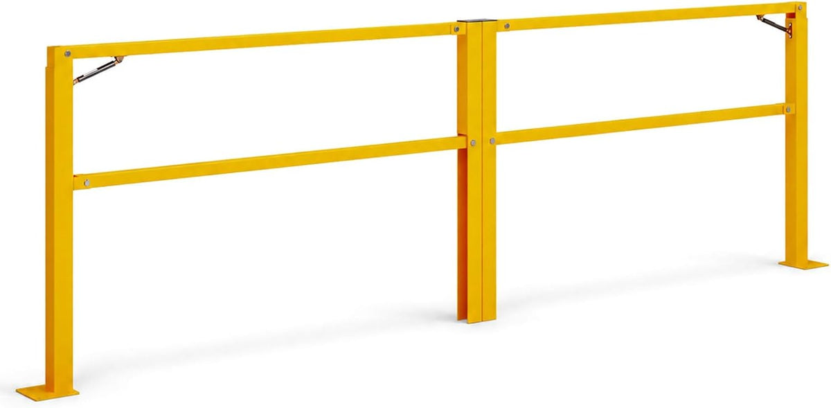 Yellow folding dock door safety gate with gas struts at a loading bay