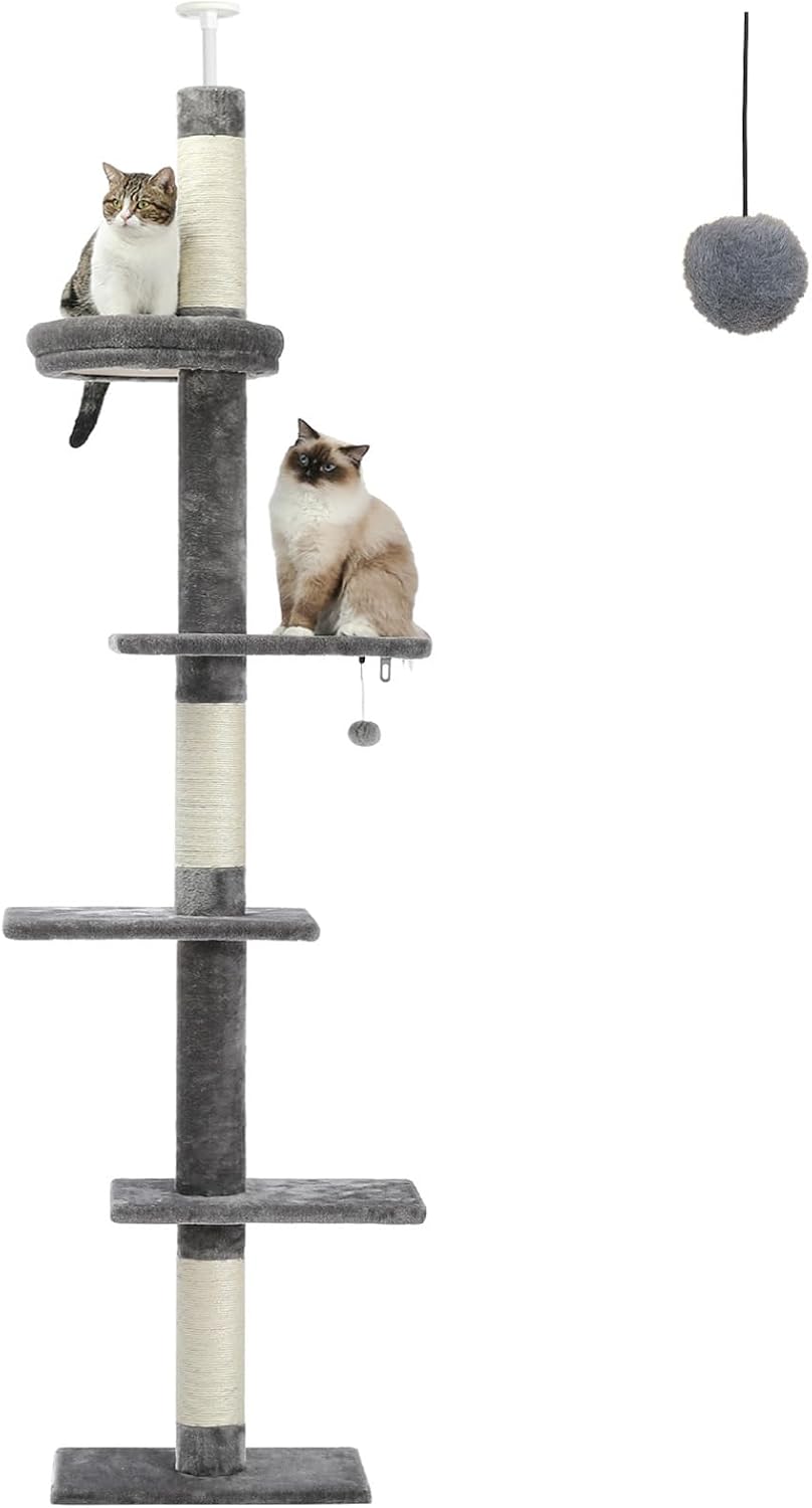 Beige floor to ceiling wooden cat tree with hammock and sisal posts – view 9