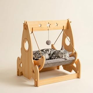 Wooden Cat Swing Hammock Bed with 2 Washable Mats, 44 Lbs Capacity, for Cats and Small Dogs