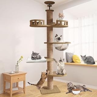 Floor-to-Ceiling Tall Cat Tree, 92-102 Inch, Light Oak, with Scratching Tower