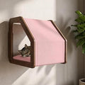 Modern Wooden Wall-Mounted Cat Bed, Pink Fabric Cat Hammock and Perch