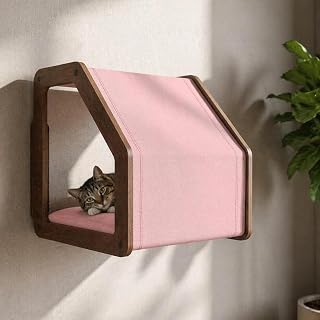 Modern Wooden Wall-Mounted Cat Bed, Pink Fabric Cat Hammock and Perch