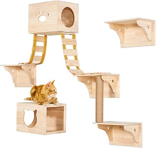 9-Piece Wall Wood Cat Climber Set with 2 Condos, 4 Shelves, 2 Ladders and Sisal Scratching Post