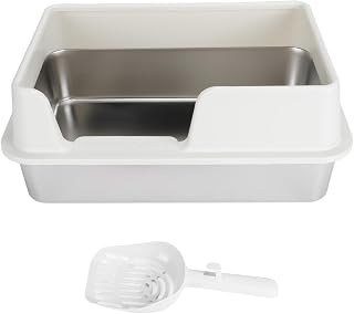 Stainless Steel Litter Box with High Sides, Anti-Splashing, Small, White