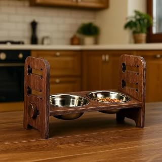 Elevated Wooden Double Pet Feeder with Stainless Steel Bowls, Rustic