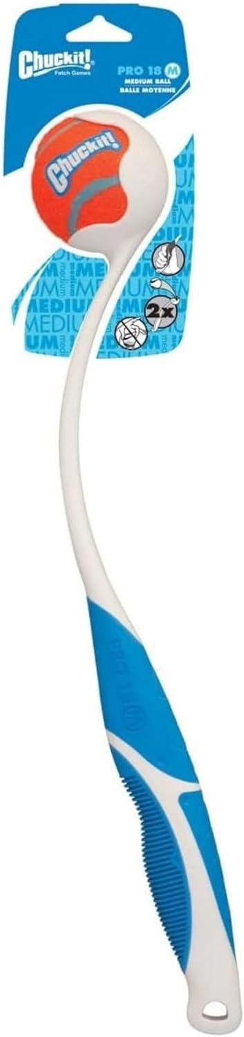 Blue plastic ball launcher with 12 inch handle and ball – view 4