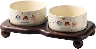 Ceramic Cat Bowl Set with Wooden Stand, Elevated Anti-Slip Pet Feeder